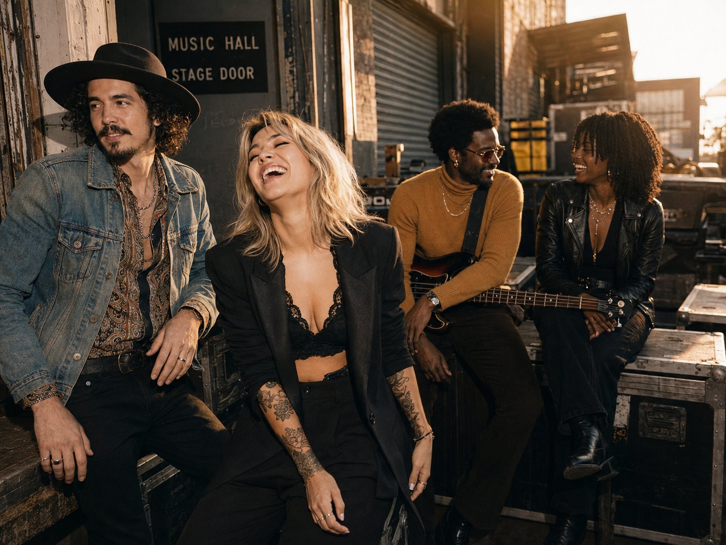 The band at a stage door at golden hour